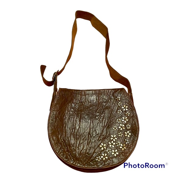Calleen Cordero Flower Studded Brown Leather messenger bag with Adjustable Strap - Picture 1 of 12